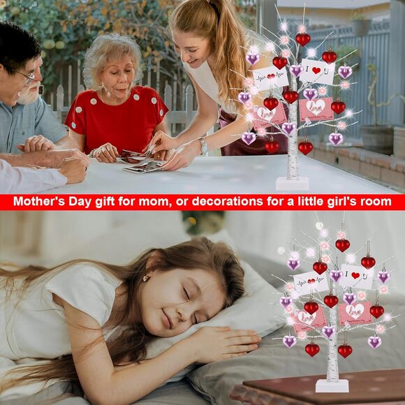 2 LED Lighted Birch Trees with Hearts & Cards,Valentine, Mother’s Day Decor Gift - Picture 6 of 7